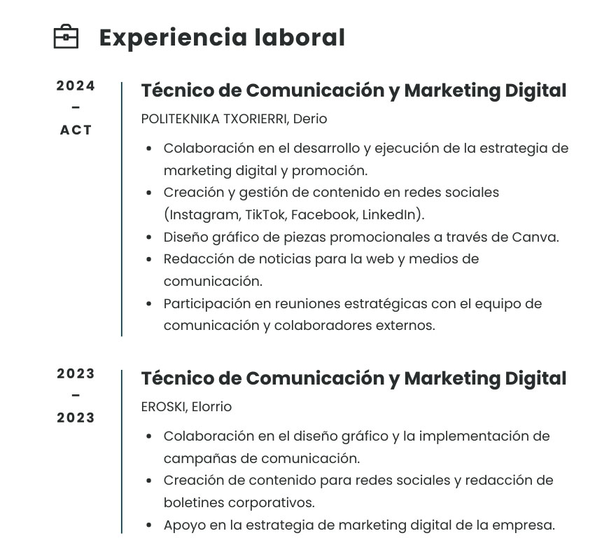 Zoom a CV de Eneko en el apartado Experiencia laboral