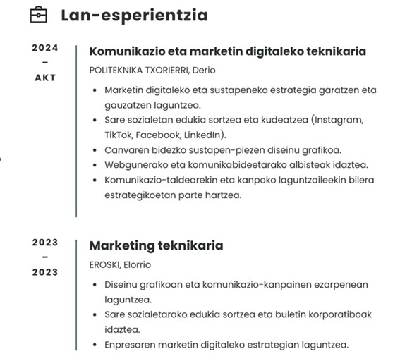 Zoom a CV de Eneko en el apartado Experiencia laboral